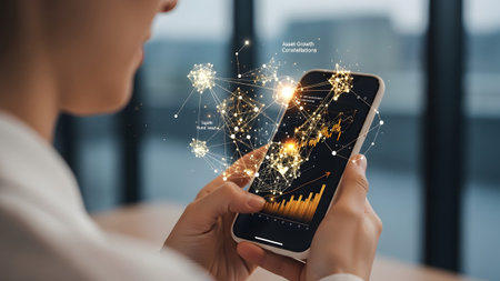 Hands showing close-up of hands holding smartphone with glowing network of financial data points...