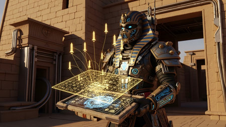 A robotic figure resembling a pharaoh holds a glowing digital interface in a desert landscape.