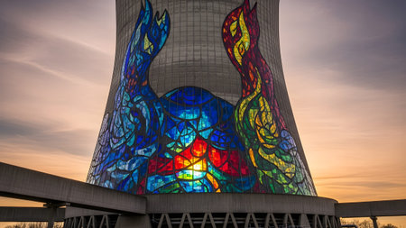 Glass showing cooling tower with vibrant stained glass depicting fiery birds against a sunset...