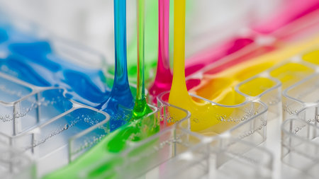 Colorful showing close-up of colorful liquid ink or dye filling clear plastic compartments with...