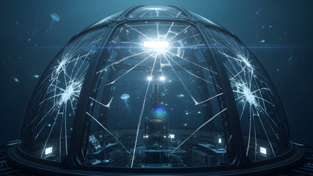 Jellyfish showing cracked dome of underwater habitat with jellyfish and interior control room....
