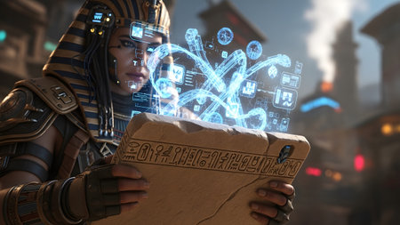An Egyptian woman wearing futuristic headgear examines a holographic data scroll with glowing...