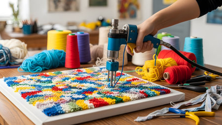 A hand holds a blue tufting gun creating a colorful textured pattern on a canvas....の写真素材