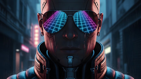 Aviator showing cybernetic man with aviator sunglasses reflecting neon grid in rainy city.の写真素材