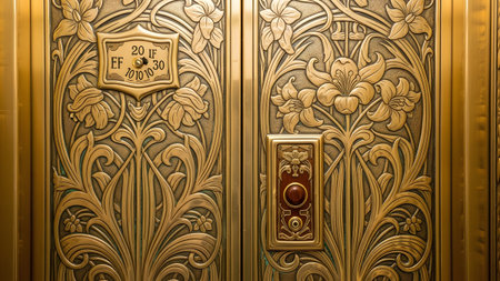 Detailed showing detailed brass elevator doors with floral nouveau engravings and floor...
