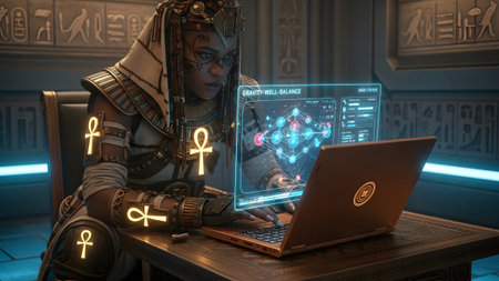 An Egyptian woman in traditional clothing uses a laptop displaying a holographic scientific...