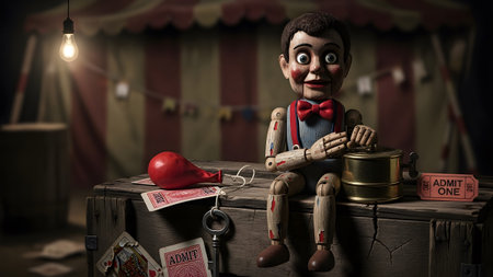A wooden ventriloquist dummy with wide eyes sits on a chest in front of a circus tent, holding a...