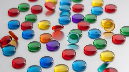 Colorful translucent glass pebbles are scattered on a reflective metallic surface in a vibrant...