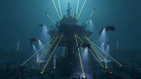 Stock showing deep underwater oil rig with illuminated yellow beams and submersible vehicles...の写真素材