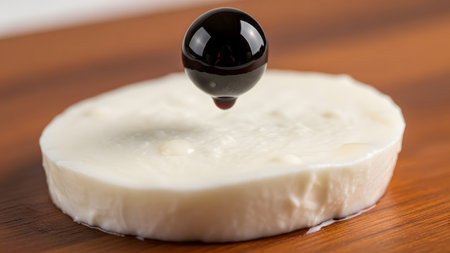 (1447) showing dark purple liquid droplet suspended above white cheese with water droplets on...
