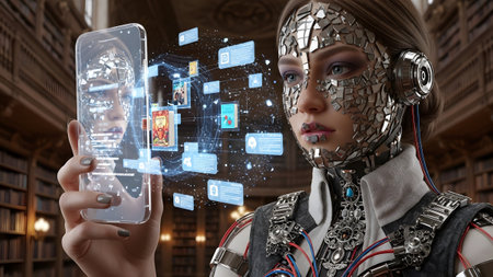 A cyborg woman with a metallic fragmented face holds a smartphone showing digital in a library.の写真素材