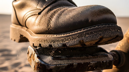 Dark showing dark brown leather work boot stepping on rusted metal platform in sandy landscape....