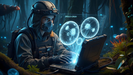 A masked operative in a futuristic suit uses a laptop projecting a glowing holographic interface...
