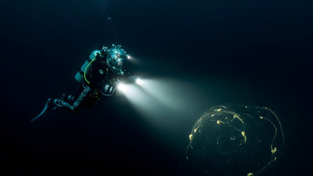 Jellyfish showing deep sea diver with helmet and lights exploring a dark ocean abyss near a...の写真素材