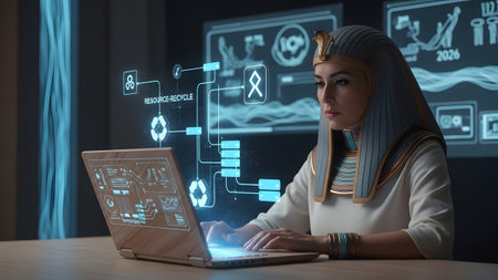 Uses showing egyptian woman in traditional headdress uses futuristic laptop with holographic...