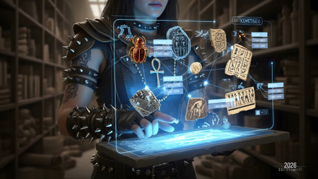 A woman in futuristic armor interacts with holographic ancient Egyptian artifacts and data in a...の写真素材