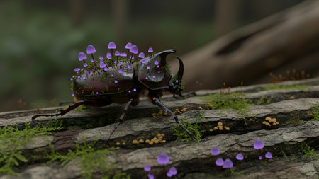 Detailed showing detailed close-up of a rhinoceros beetle with tiny purple mushrooms growing on...