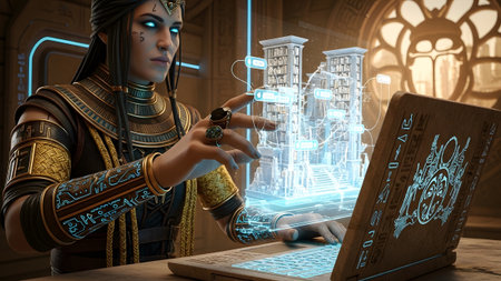 Uses showing egyptian woman with glowing blue eyes and ornate jewelry uses a laptop displaying...