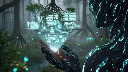 A futuristic android holds a smartphone projecting a glowing holographic eco-city amidst a...