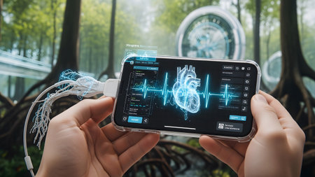 Hands hold a smartphone displaying a holographic heart and EKG data, connected by a cable, set...の写真素材