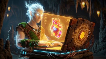 Laptop showing ethereal being using a futuristic laptop to analyze a holographic human heart in...