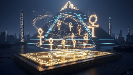 Connections showing futuristic egyptian pyramid with holographic symbols and network connections...