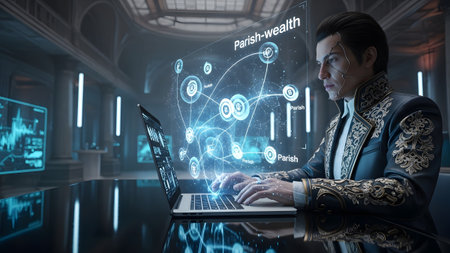 A man with subtle cybernetic enhancements looks at a laptop displaying a glowing holographic...