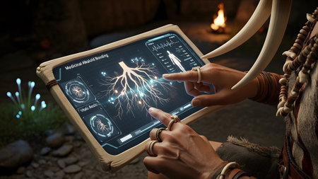 Interface showing indigenous person using futuristic tablet displaying medicinal plant data and...