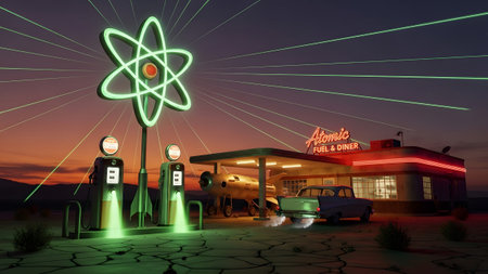 Stock showing desert gas station with rocket car and atomic symbol at sunset with laser beams.