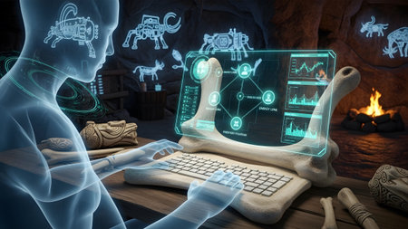 A translucent human figure in a cave interacts with a glowing holographic interface displaying...