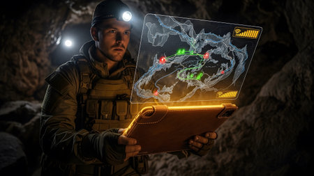 Uses showing explorer in tactical gear uses holographic map displaying navigation points in dark...