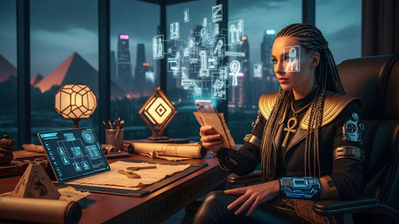 A woman with braided hair and Egyptian-inspired attire examines holographic symbols and data on...の写真素材