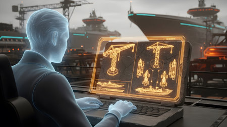 Laptop showing futuristic engineer analyzing shipyard cranes and vessels on holographic laptop...