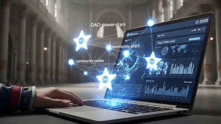 Blockchain showing laptop screen decentralized autonomous organization network with stars and...の写真素材