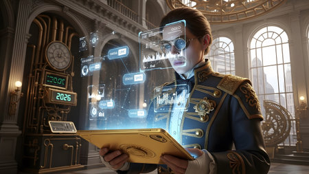 Inlay showing man in dark ornate uniform with golden epaulets using a holographic data display...