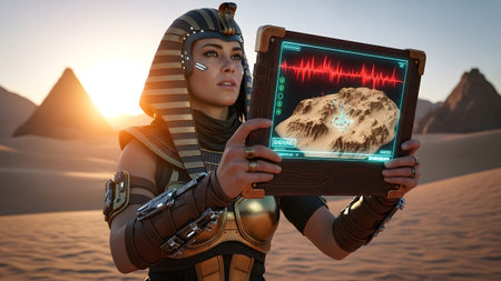 Holding showing futuristic egyptian woman in pharaoh headdress holding tablet with desert...の写真素材