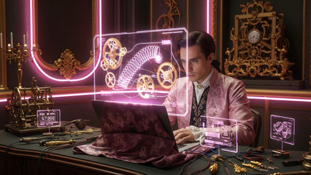 Man in ornate pink jacket uses laptop with steampunk holographic display in a richly decorated room.の写真素材