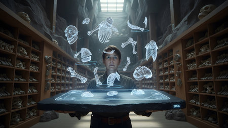 A man holds a holographic projection of a human skeleton and bone fragments in a museum archive...
