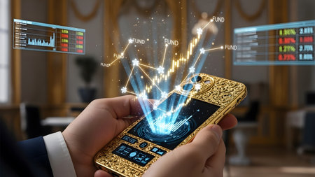 A golden smartphone projects a glowing holographic financial graph and data streams, held by a hand.