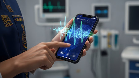 Hands interacting with smartphone showing vibrant ekg waveform in medical setting....