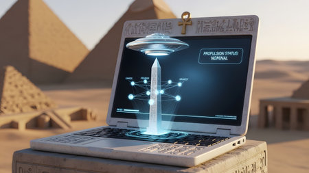 Anchor showing laptop with ufo and obelisk hologram in front of egyptian pyramids with...