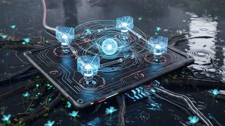 Intricate showing intricate futuristic device with glowing blue orbs and circular patterns on a...