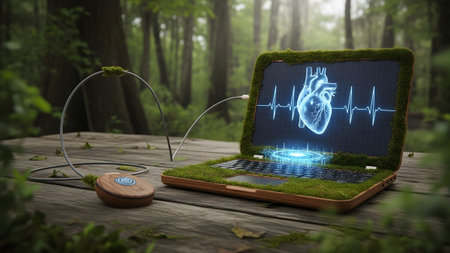 A laptop displaying a glowing heart and vital signs is placed on a wooden surface in a dense forest.