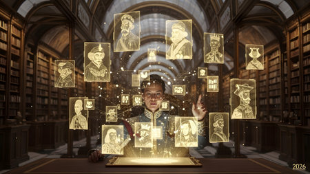 A man in a library interacts with holographic portraits and glowing data networks, surrounded by...