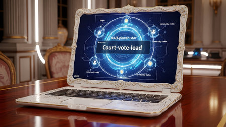 Laptop showing laptop with ornate frame futuristic dao voting interface with circular nodes and...