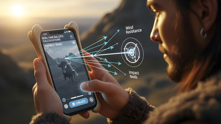 A man with a beard uses a smartphone showing ballistic calculations and a bull target in a...