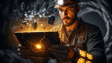 Miner in hard hat using a cracked tablet with a holographic display of data and...