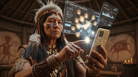 Technology showing native american elder interacting with futuristic holographic technology and...