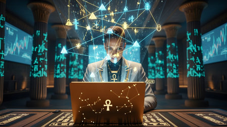 Inlay showing man in suit with egyptian motifs using holographic interface and golden laptop....