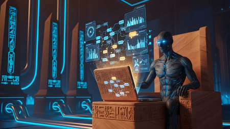 A muscular alien figure on a throne uses a laptop displaying glowing blue holographic data charts.